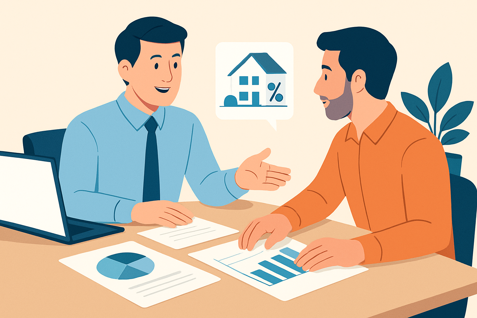 Un conseiller financier spécialiste en investissement locatif accompagne un client pour trouver la meilleure offre bancaire.