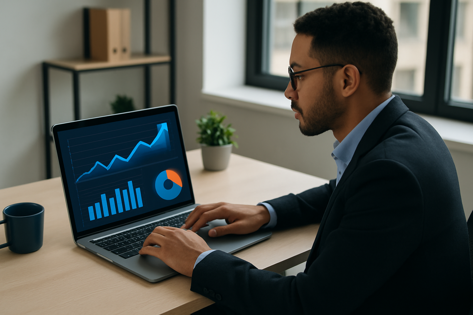Illustration d'un entrepreneur analysant la rentabilité de son entreprise à l'aide d'un logiciel de gestion financière