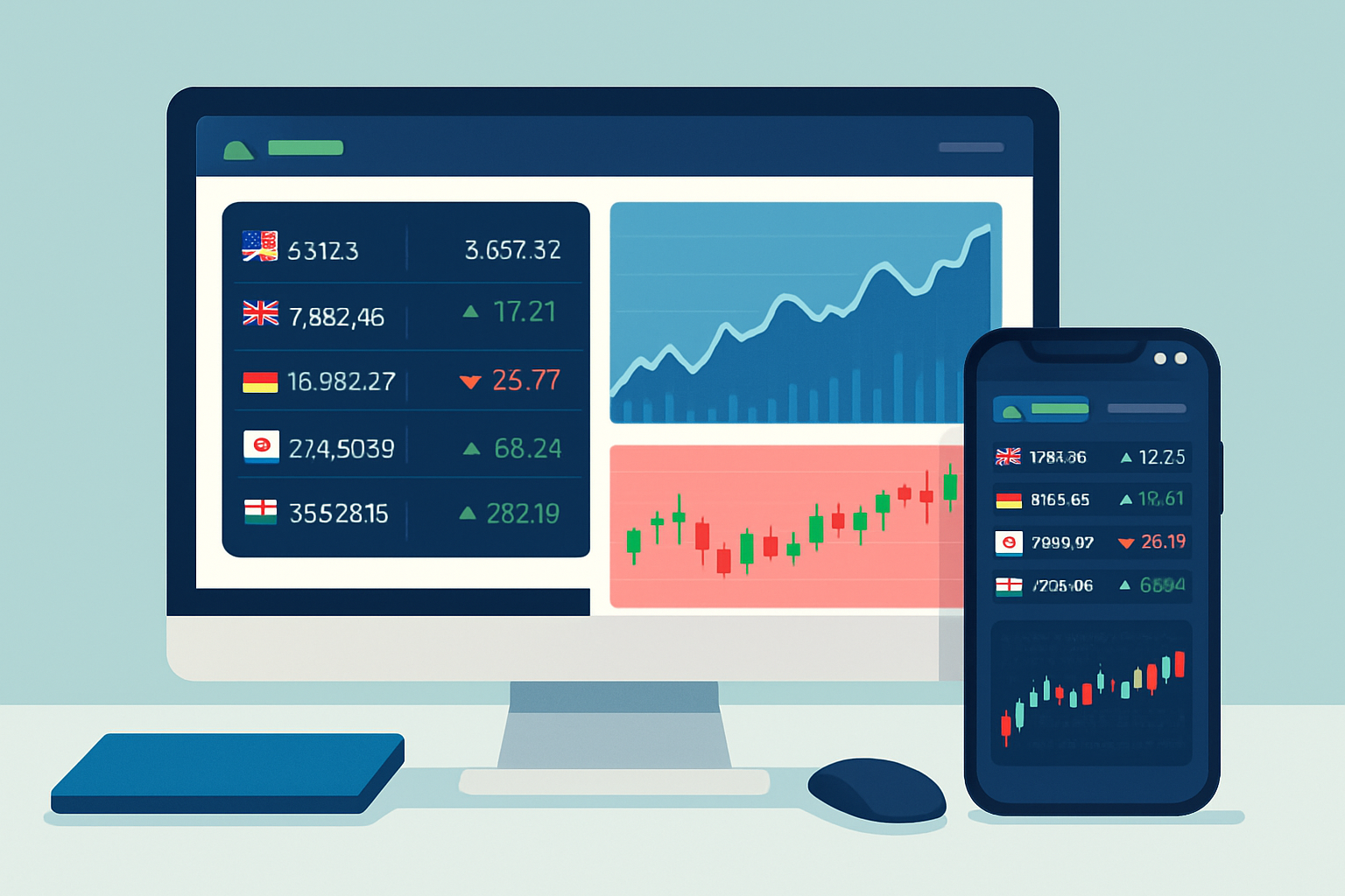 Interface utilisateur d'ADVFN montrant les marchés boursiers mondiaux, graphiques et données en temps réel sur desktop et mobile