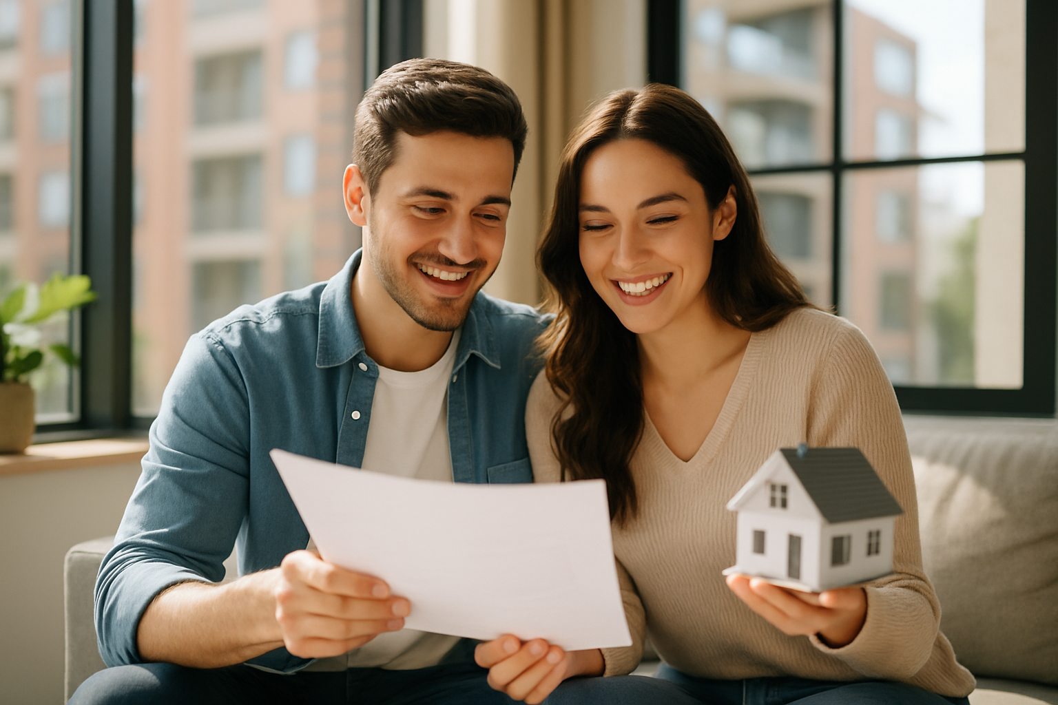 Un couple heureux examinant des documents immobiliers, illustrant un premier investissement locatif réussi.