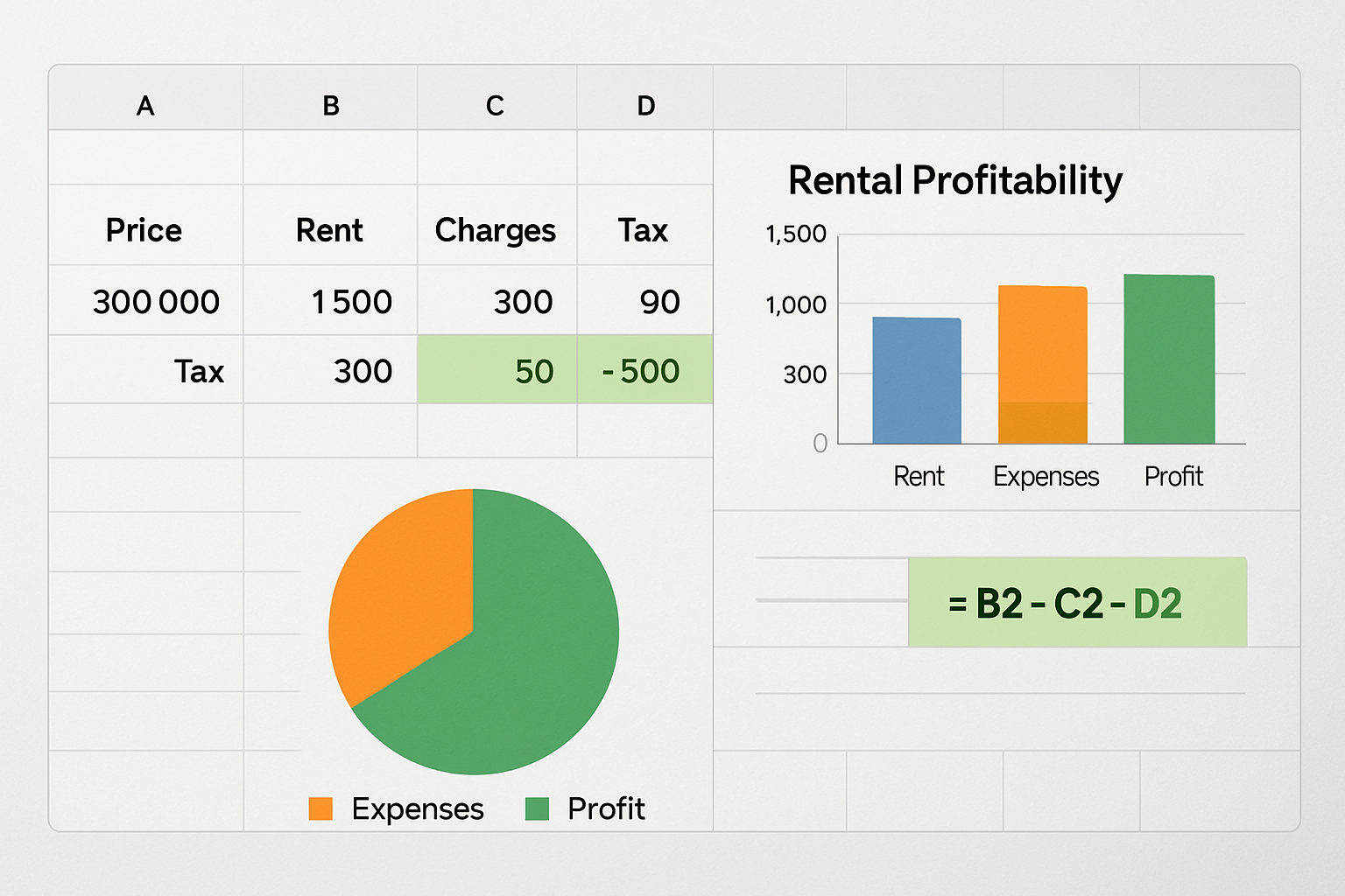 Exemple de modèle Excel simple pour le calcul de la rentabilité locative avec formules intégrées