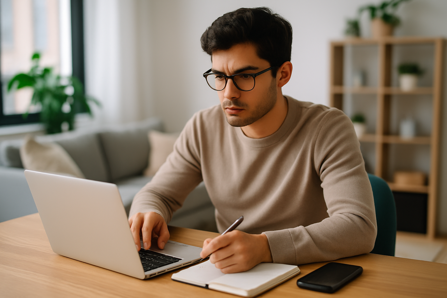 Un freelance débutant concentré sur son travail en ligne depuis chez lui, utilisant ordinateur et smartphone pour gérer ses petites missions.