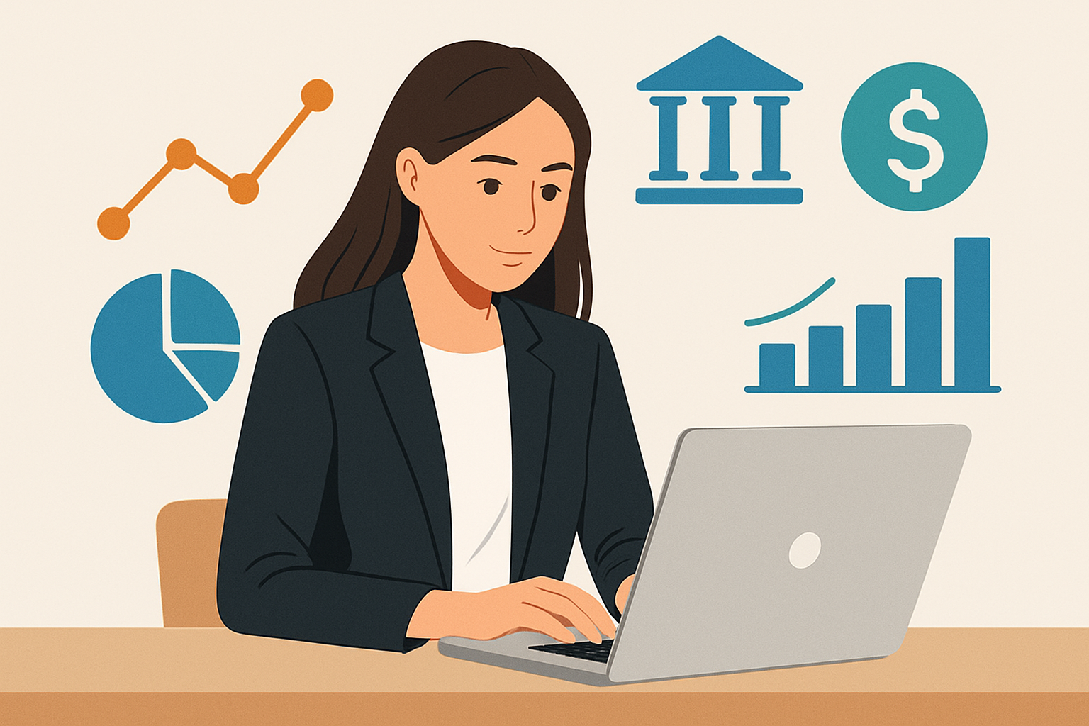 Jeune professionnelle en tenue de bureau utilisant un ordinateur portable avec des graphiques financiers et des icônes bancaires autour d'elle