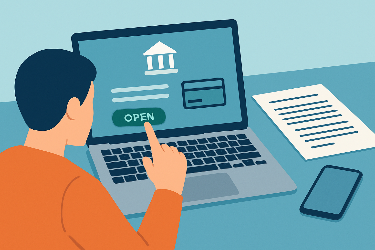 Illustration d'une ouverture de compte courant sans carte bancaire via un service en ligne, avec documents et interface bancaire visibles