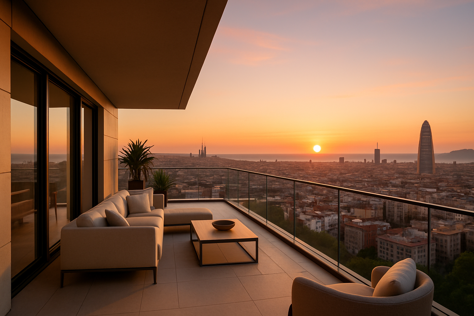 Appartement haut de gamme avec terrasse offrant une vue panoramique sur Barcelone au coucher du soleil