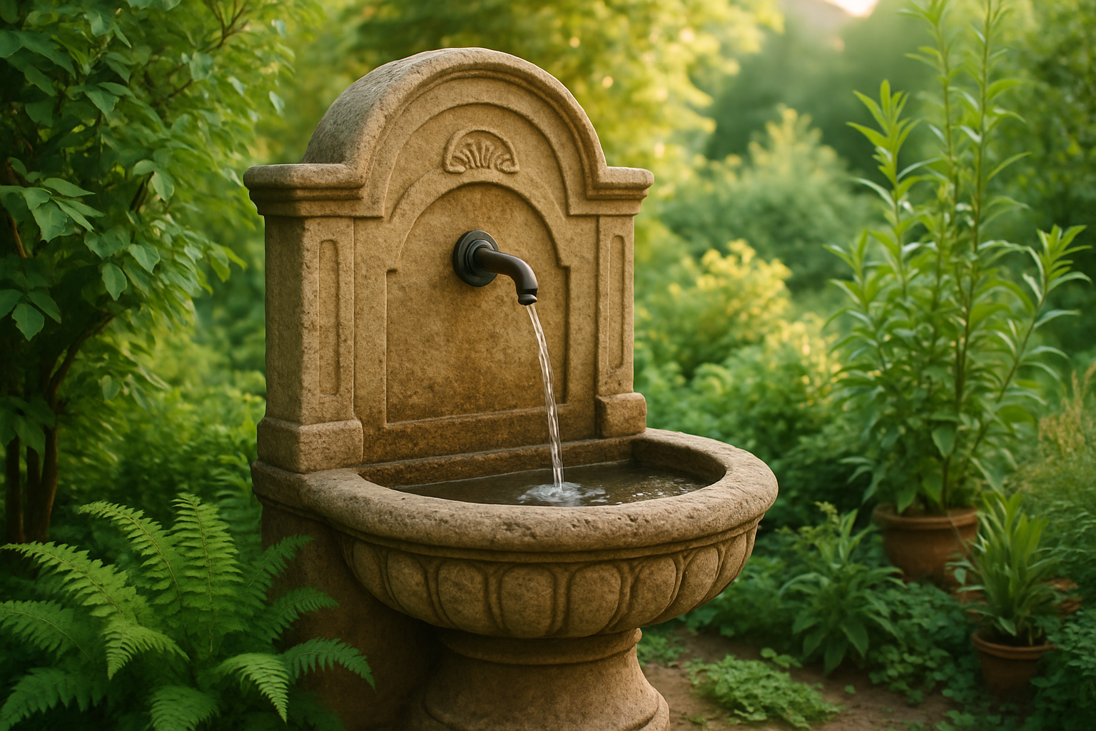 Fontaine de jardin en pierre ancienne avec finitions classiques et ambiance naturelle