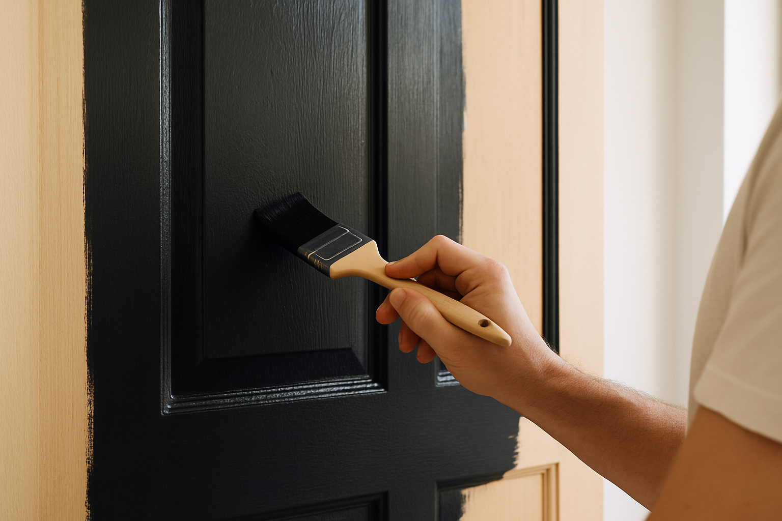 Application minutieuse de la peinture noire sur une porte en bois avec un pinceau fin