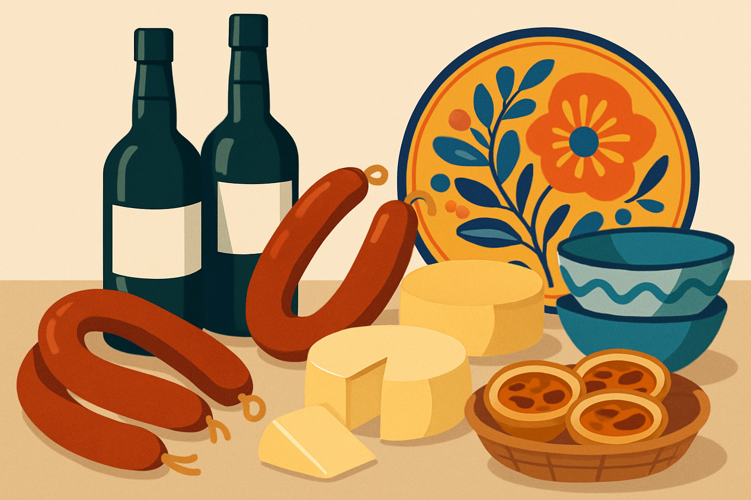 Exposition de produits typiques portugais : vins de Porto, chouriço, fromages et céramiques colorées