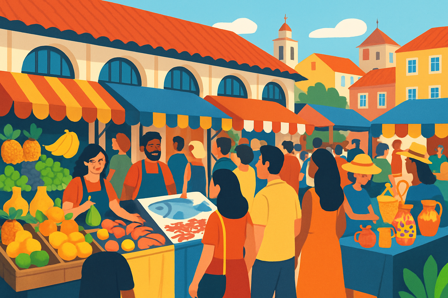 Vue animée du Mercado da Ribeira à Lisbonne, un marché emblématique mélant produits frais et ambiance locale
