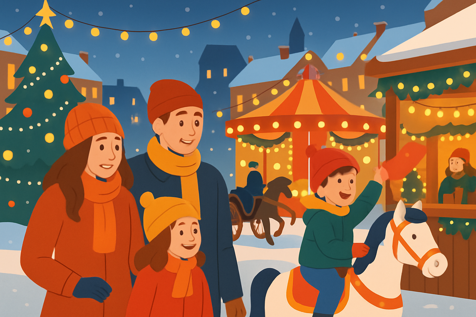 Une famille admirant les animations pour enfants au marché de Noël de Varsovie, avec calèche et manèges illuminés.