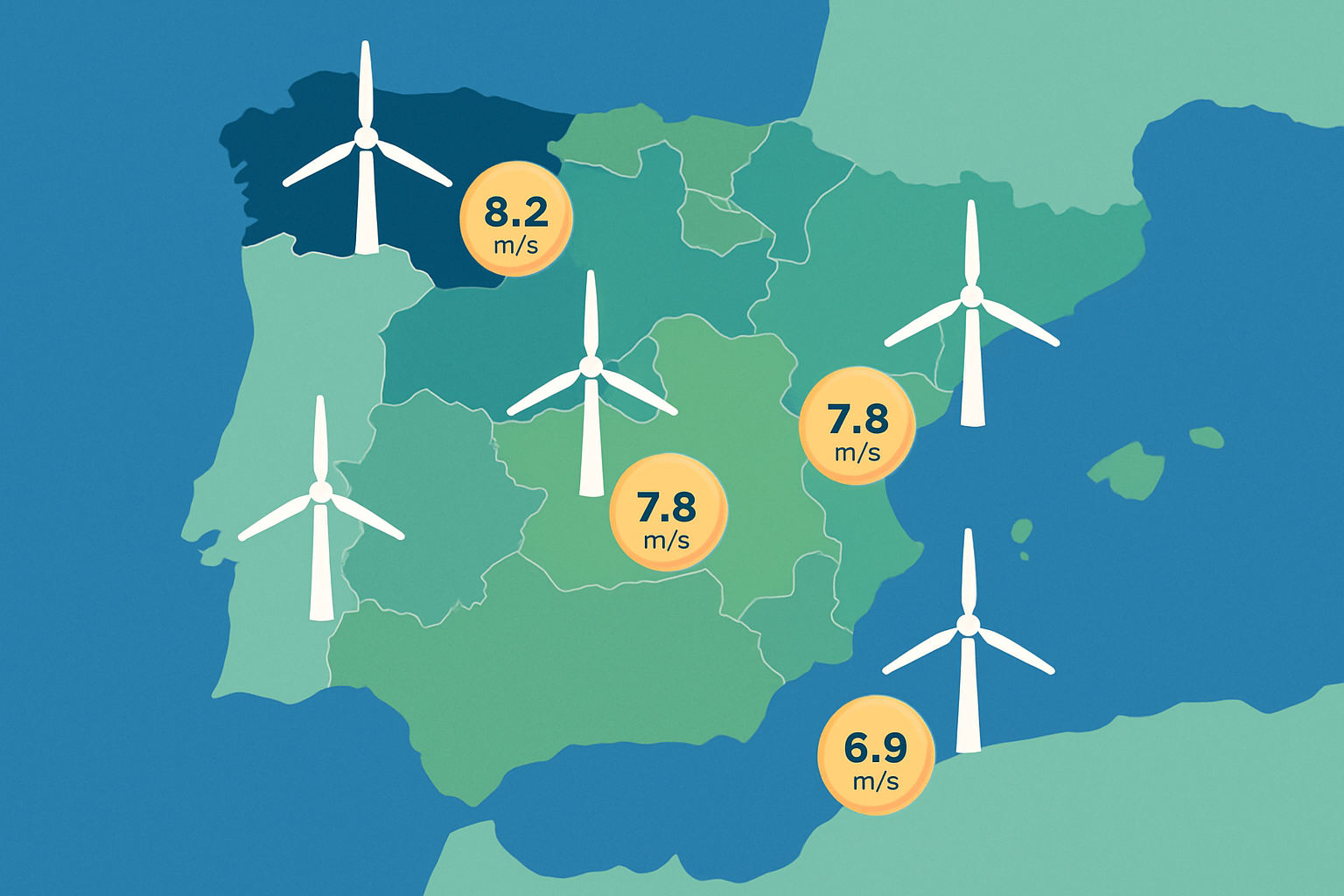 Carte des régions principales de production éolienne en Espagne avec les vents moyens et capacités installées