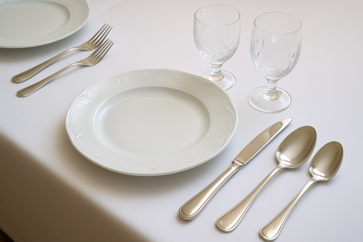 Exemple clair et élégant d'un dressage de table couverts respectant les règles d'étiquette classiques.
