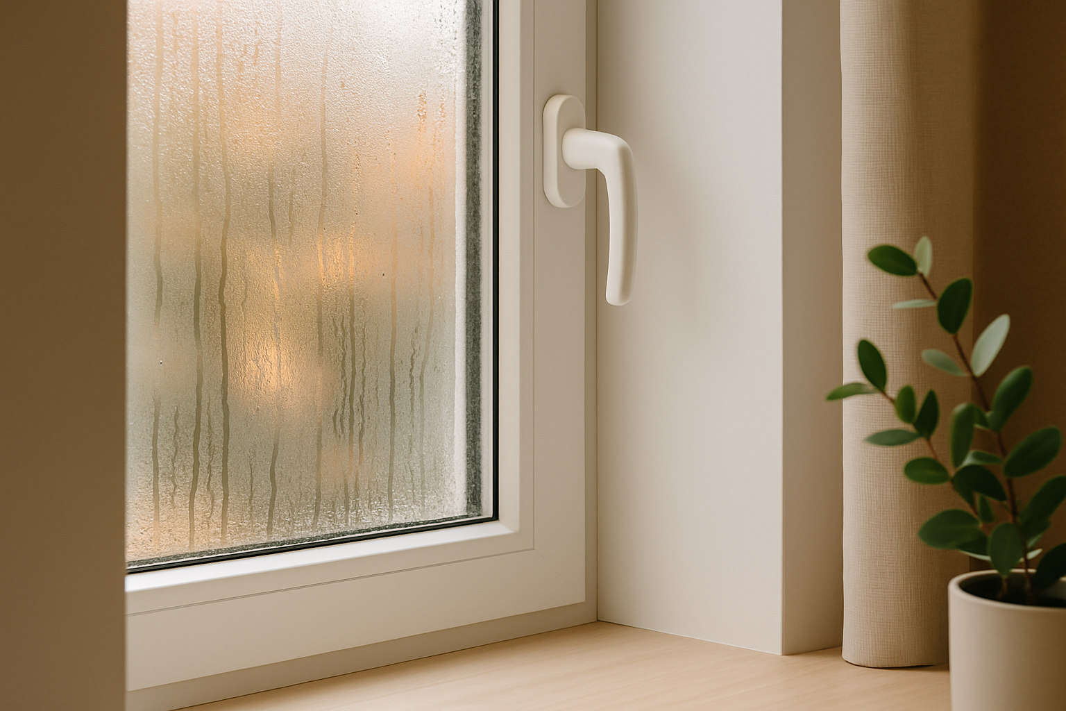 Fenêtre en PVC montrant de la condensation sur la vitre intérieure, illustrant le phénomène discuté dans l'article