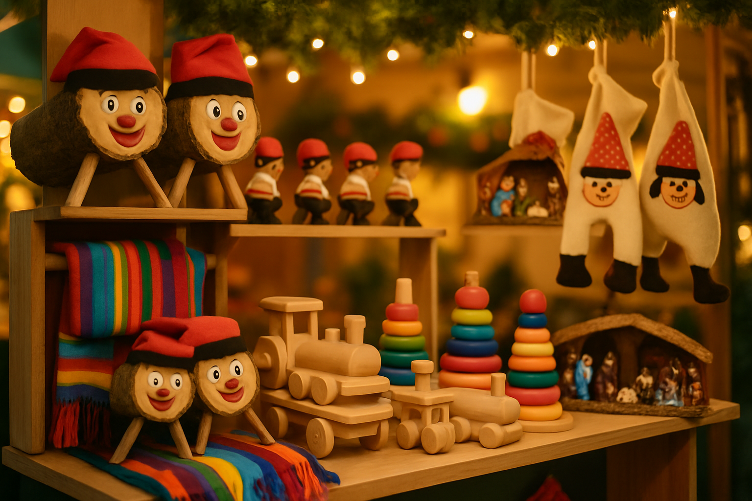 Artisanat local au marché de Noël : décorations, jouets et objets authentiques.