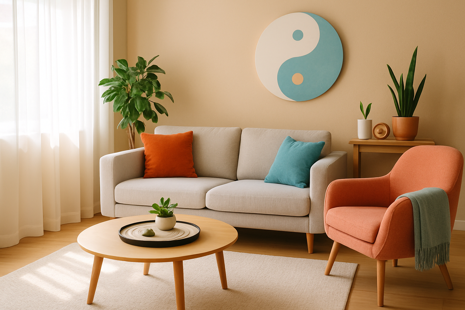 Salon harmonieux aménagé selon le feng shui, avec un équilibre subtil entre couleurs chaudes et froides et une bonne circulation d'énergie.