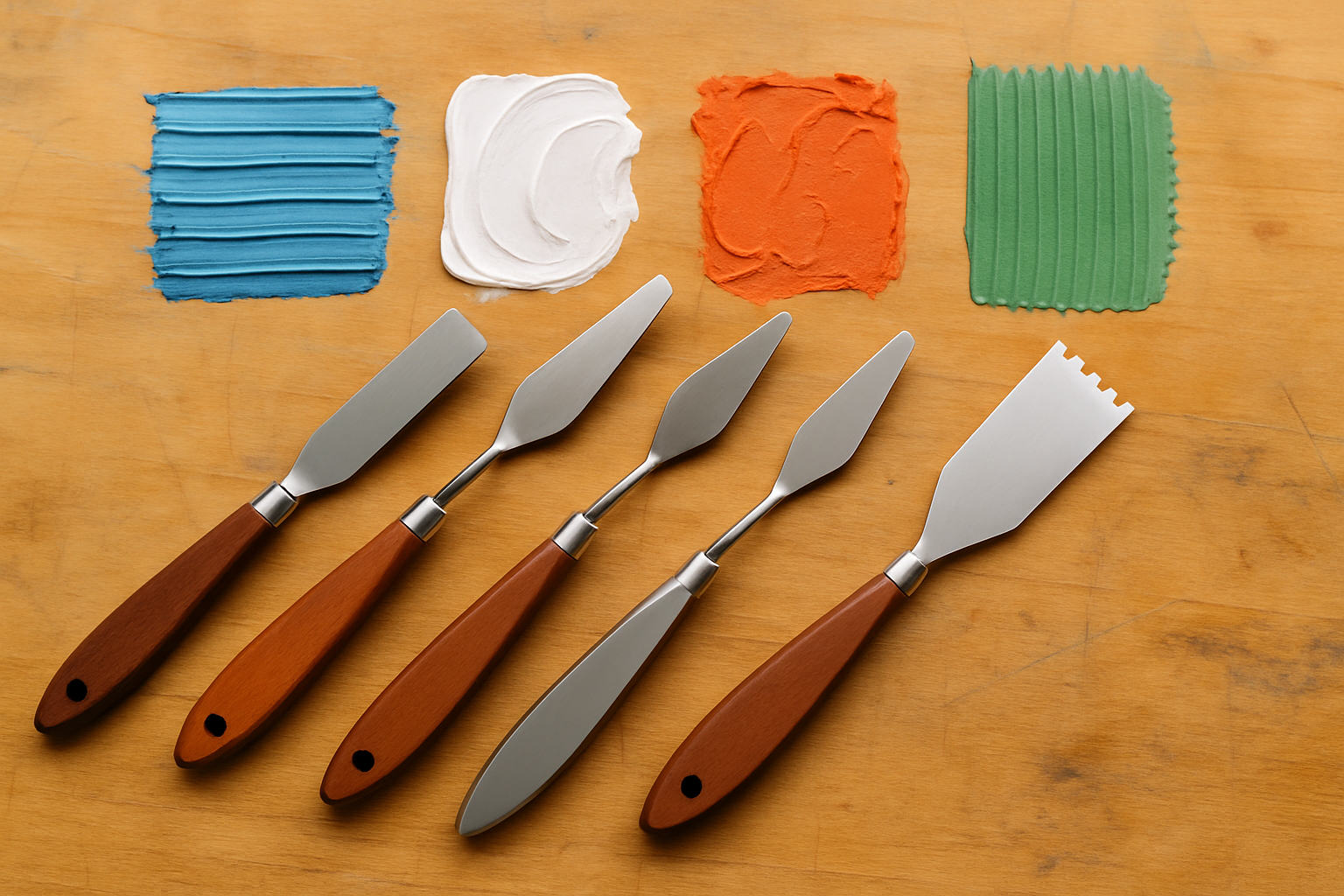 Différents types de spatules de peintre avec leurs formes et textures appliquées sur une toile