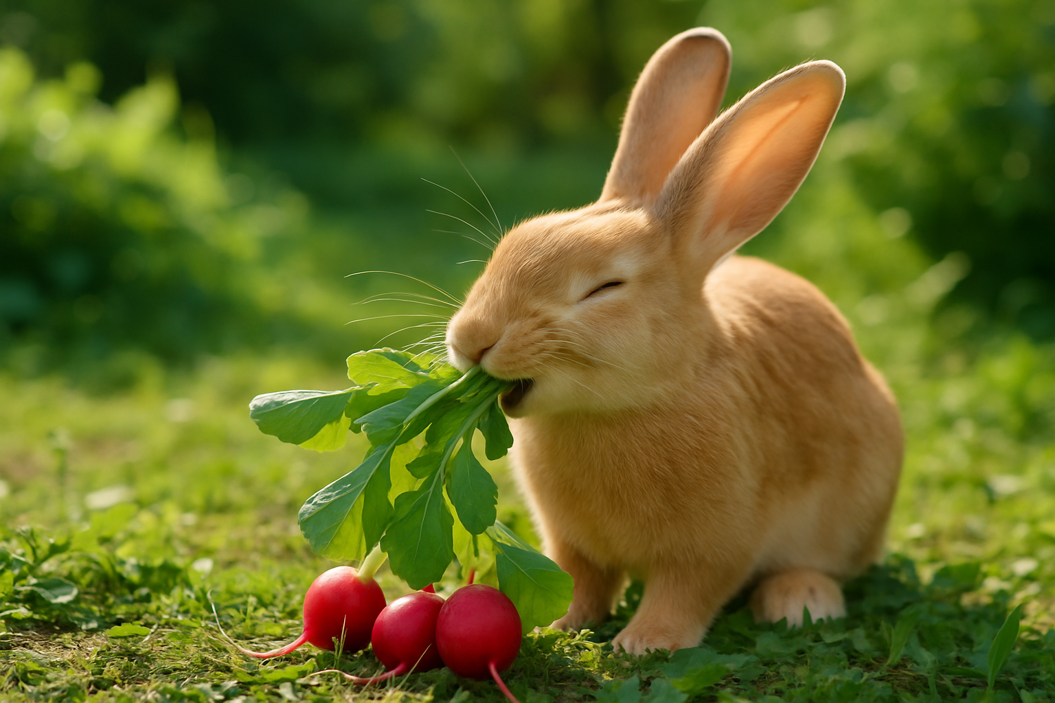 Un lapin dégustant des fanes de radis fraîches dans un environnement naturel sain