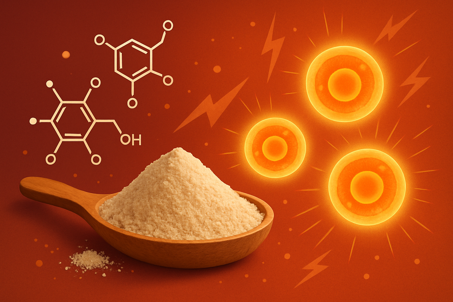 Représentation visuelle des antioxydants présents dans la poudre de baobab protégeant les cellules du stress oxydatif.