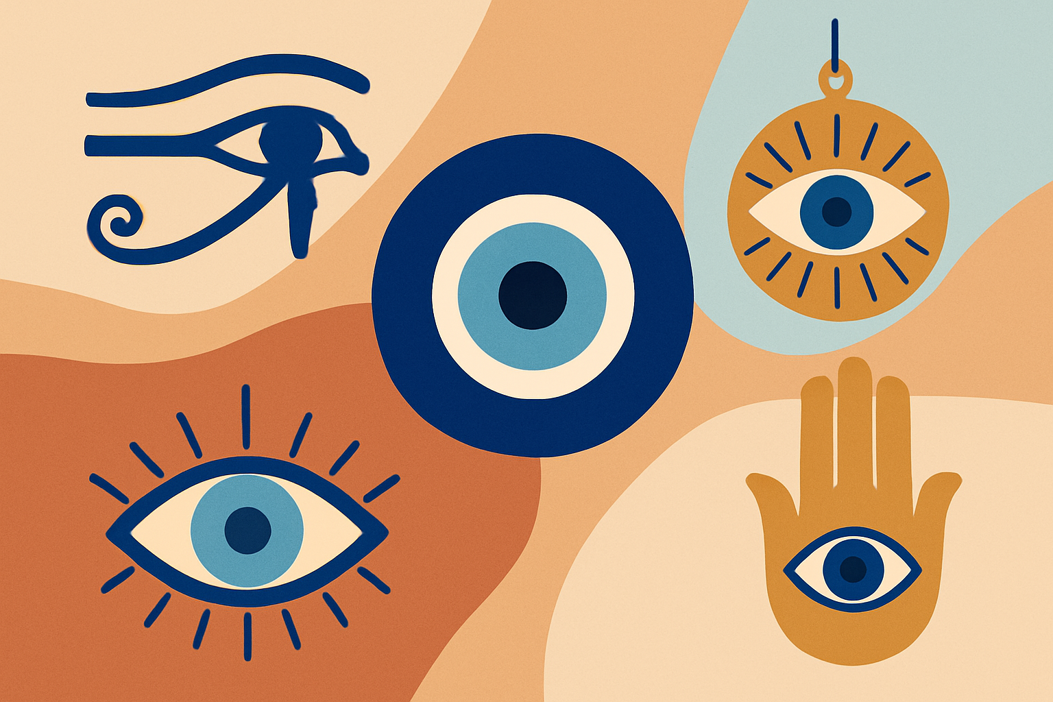 Illustration représentant différentes versions historiques de l'œil porte-bonheur, incluant l’œil d’Horus, le nazar turc, et d’autres amulettes similaires