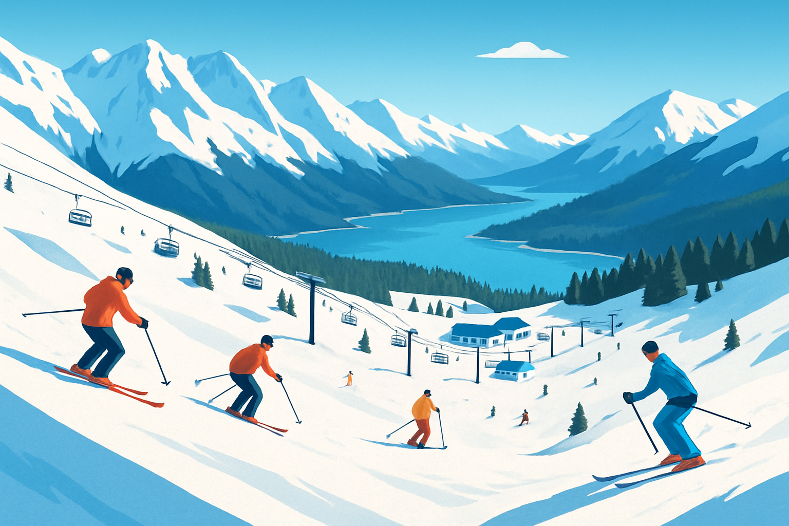 Vue panoramique d'une station de ski en Nouvelle-Zélande, avec des skieurs sur des pistes variées entre montagnes, lacs et forêts.
