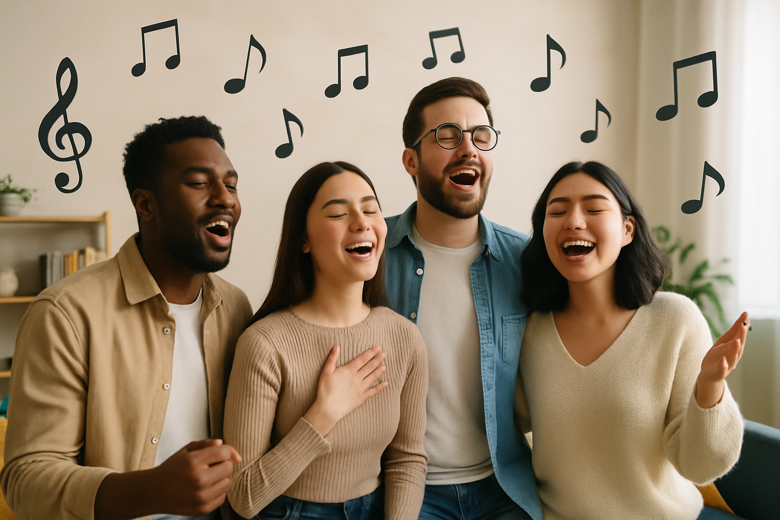 Un groupe chante en harmonie lors d'une séance conviviale, illustrant le plaisir du chant collectif.