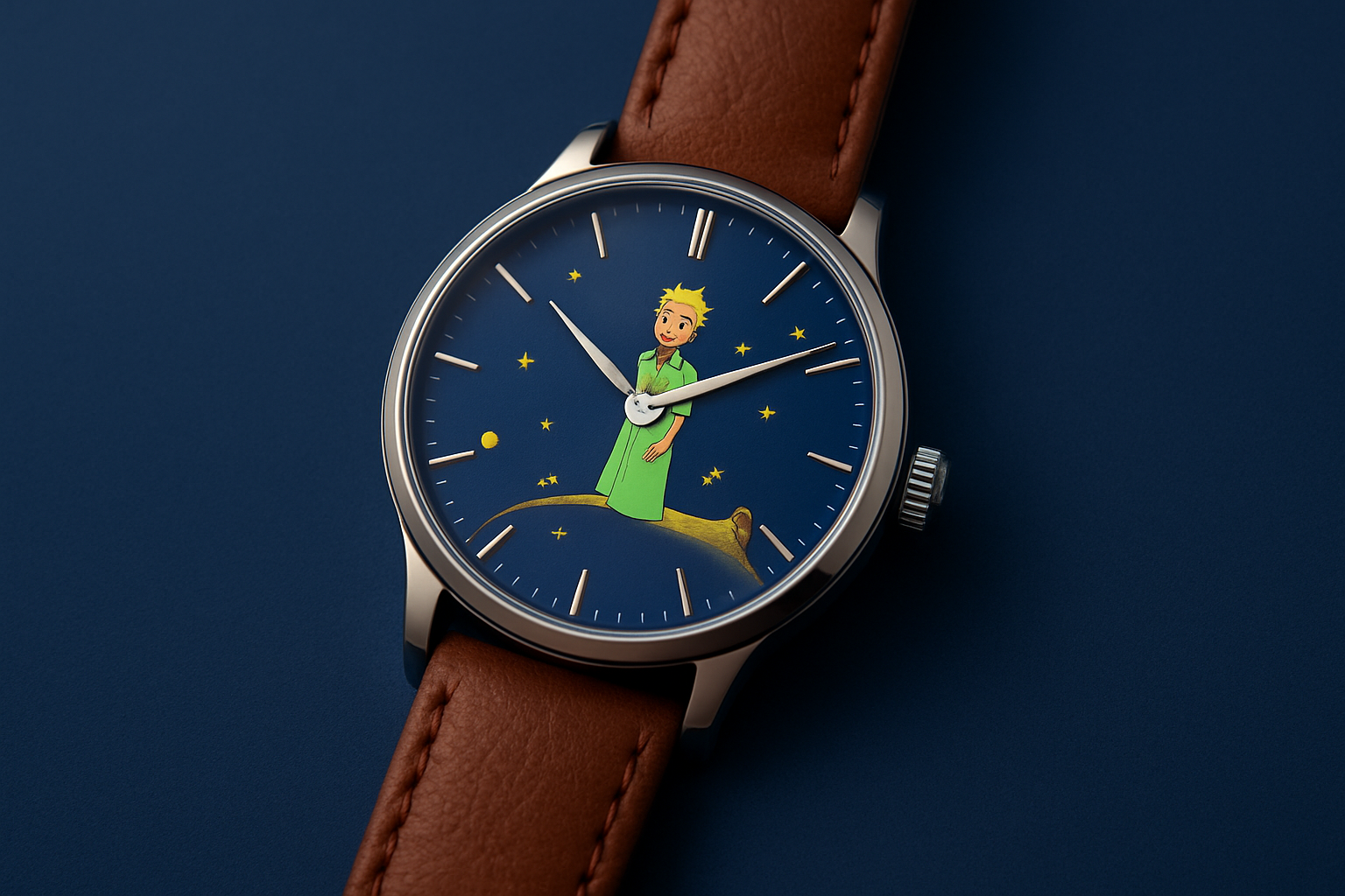 Montre Le Petit Prince affichant son cadran bleu étoilé avec une illustration délicate du personnage et un bracelet en cuir marron