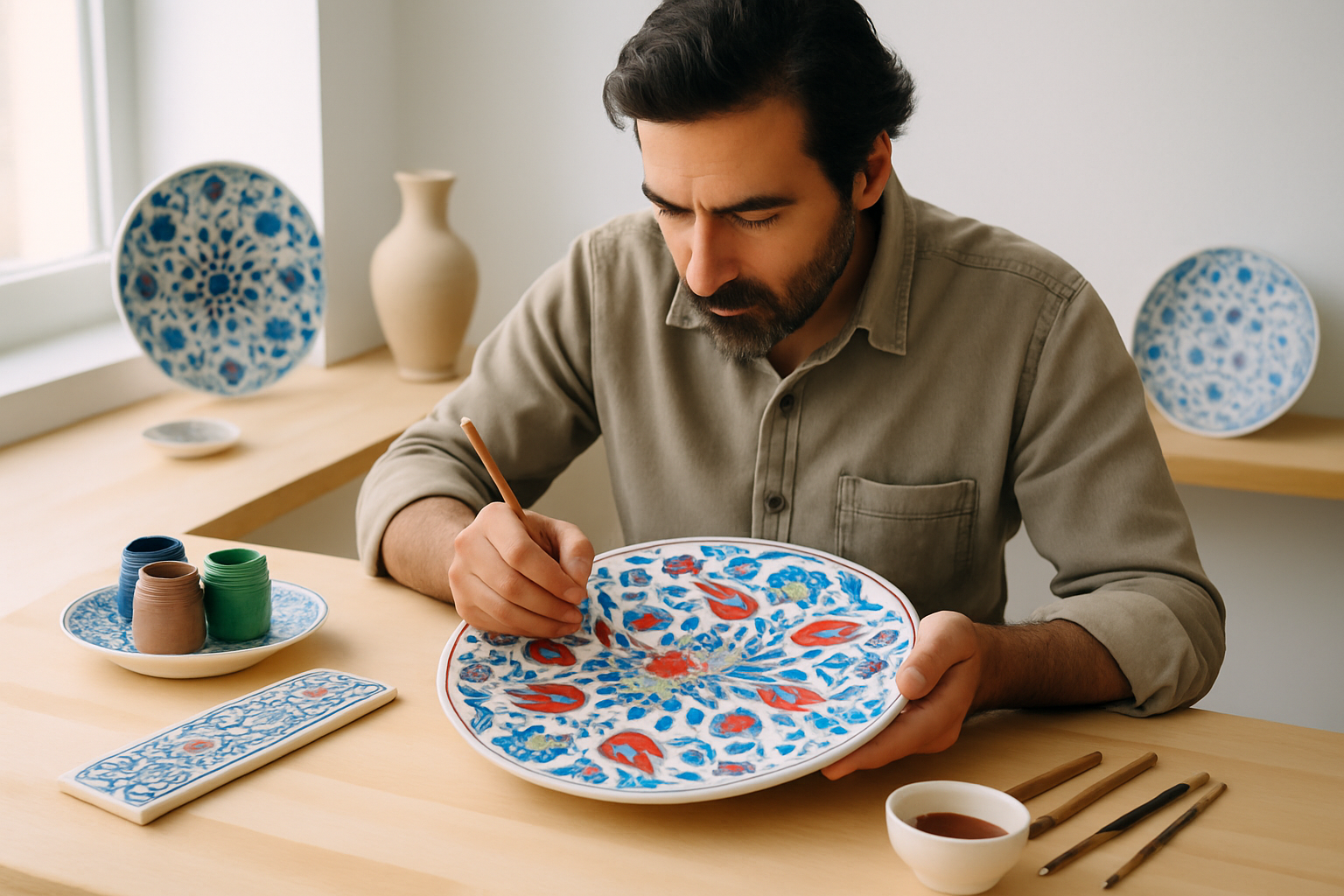 Un artisan turc appliquant les motifs traditionnels sur une céramique d'Iznik.