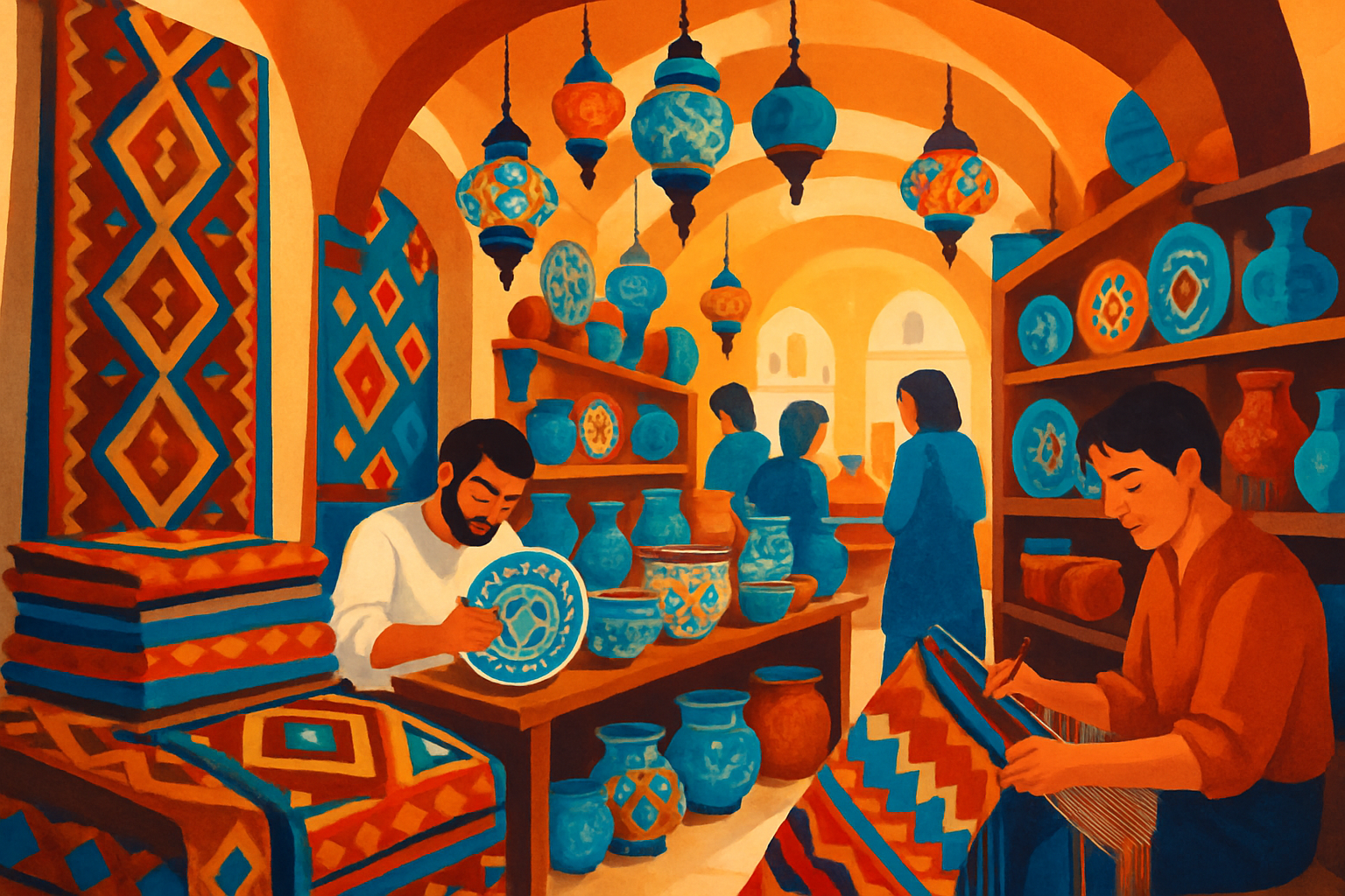 Vue d'ensemble d'un bazar turc traditionnel où l'on peut découvrir de nombreux produits artisanaux.