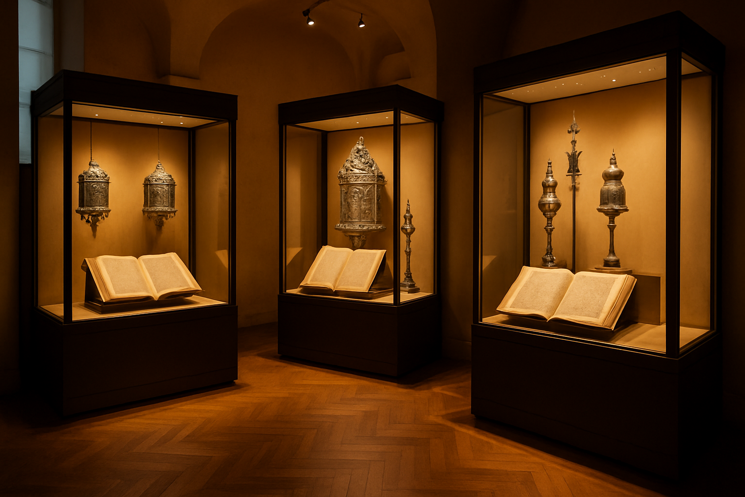 Vue intérieure d'une salle d'exposition du musée juif de Rome présentant des objets rituels historiques.
