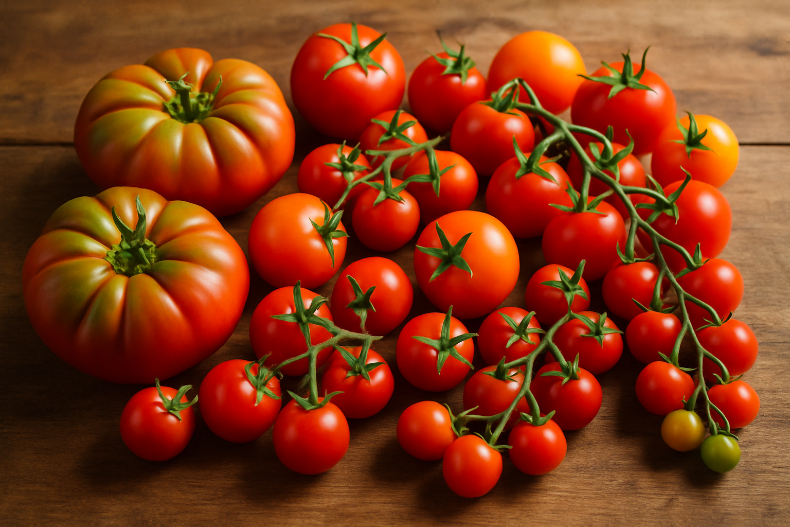 Variété de tomates portugaises fraîches posées sur une table en bois, mettant en valeur leur couleur rouge vif et leur texture ferme