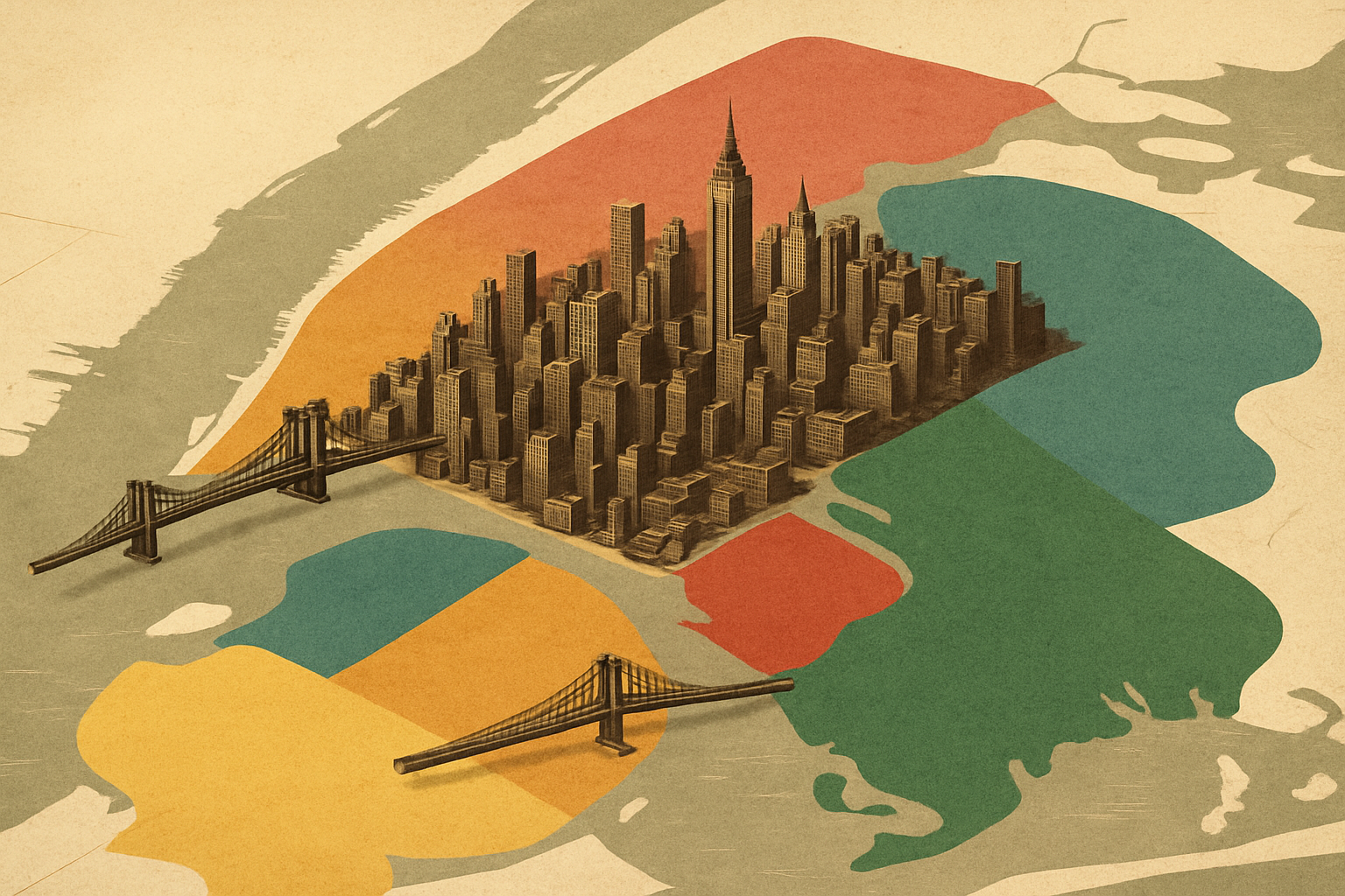 Carte illustrée des zones d'influence des 5 familles de New York dans les années d'or