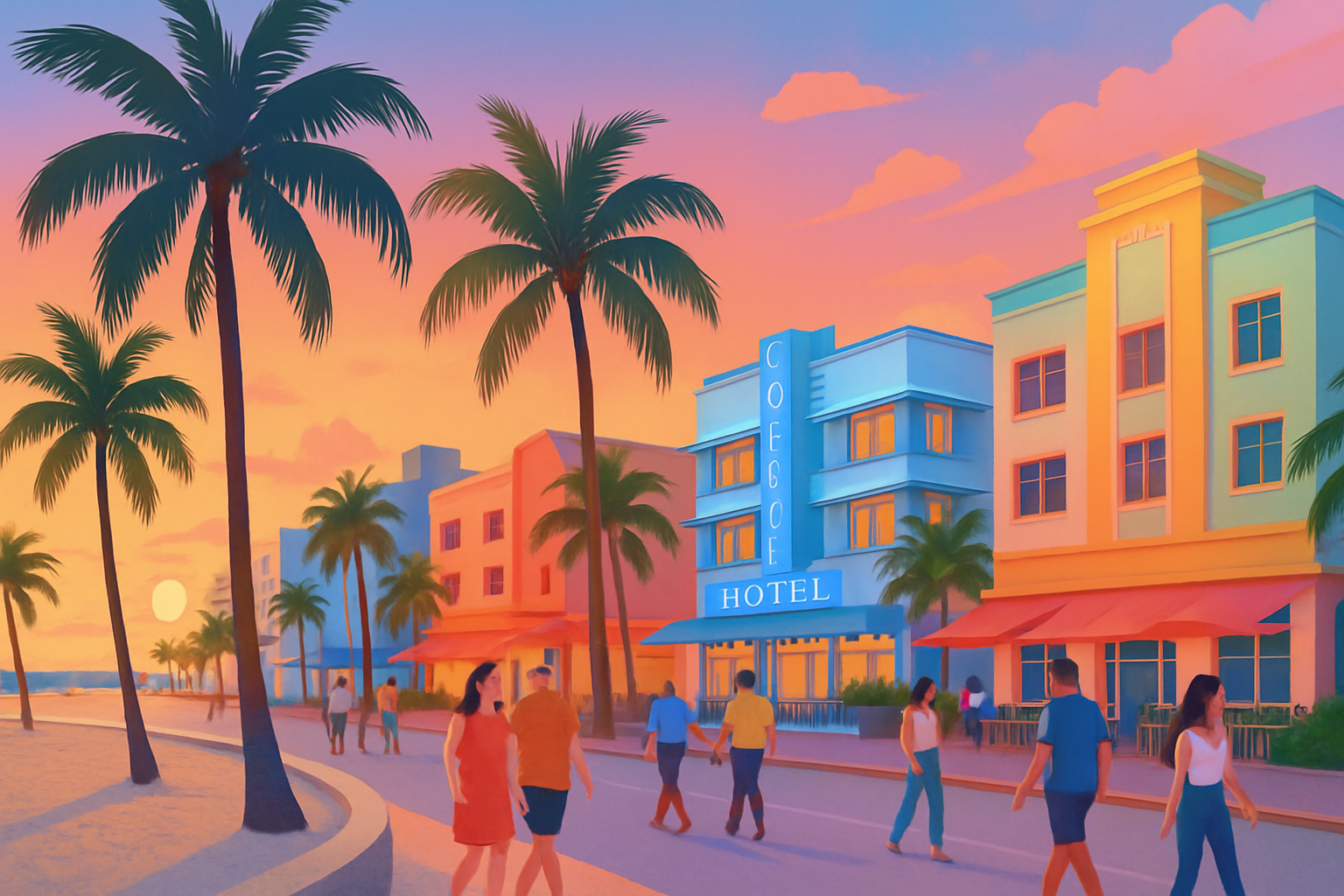 Coucher de soleil sur South Beach avec les bâtiments Art déco sur Ocean Drive