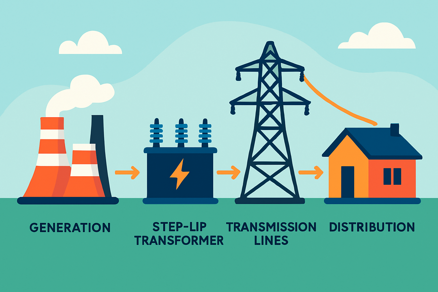 Infographie montrant le trajet de l’électricité depuis la centrale jusqu’au domicile avec étapes de transformation
