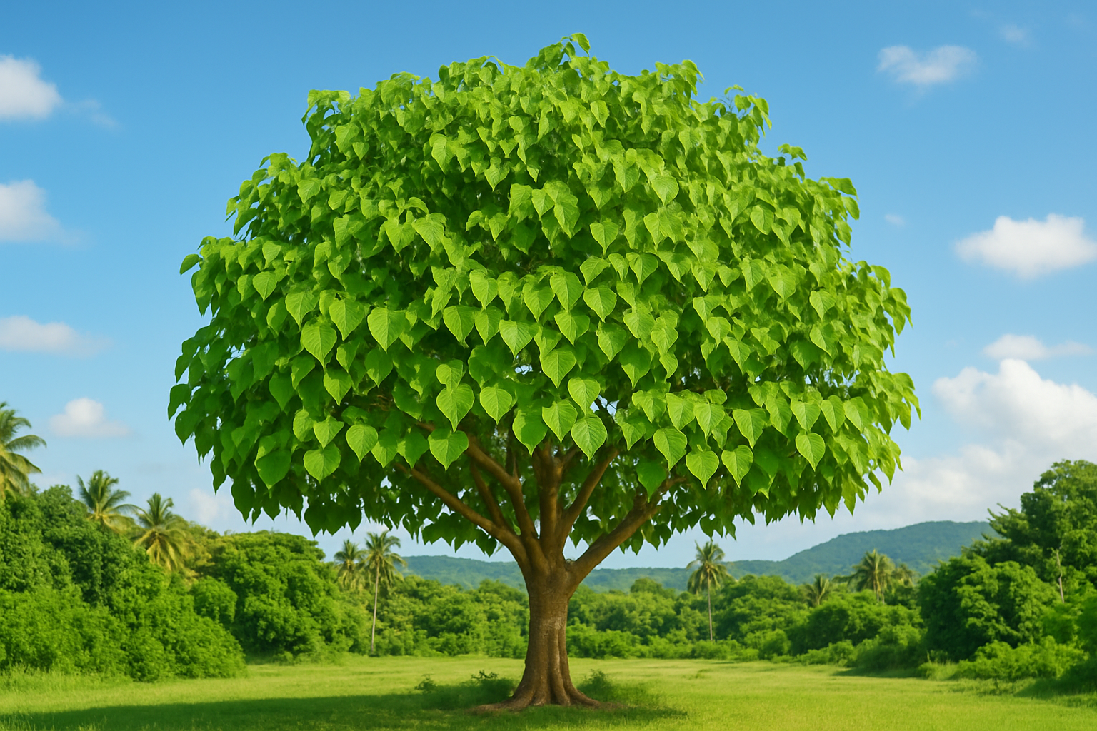 Photographie détaillée d'un arbre de Bouddha (Ficus religiosa) avec ses feuilles caractéristiques en forme de cœur.