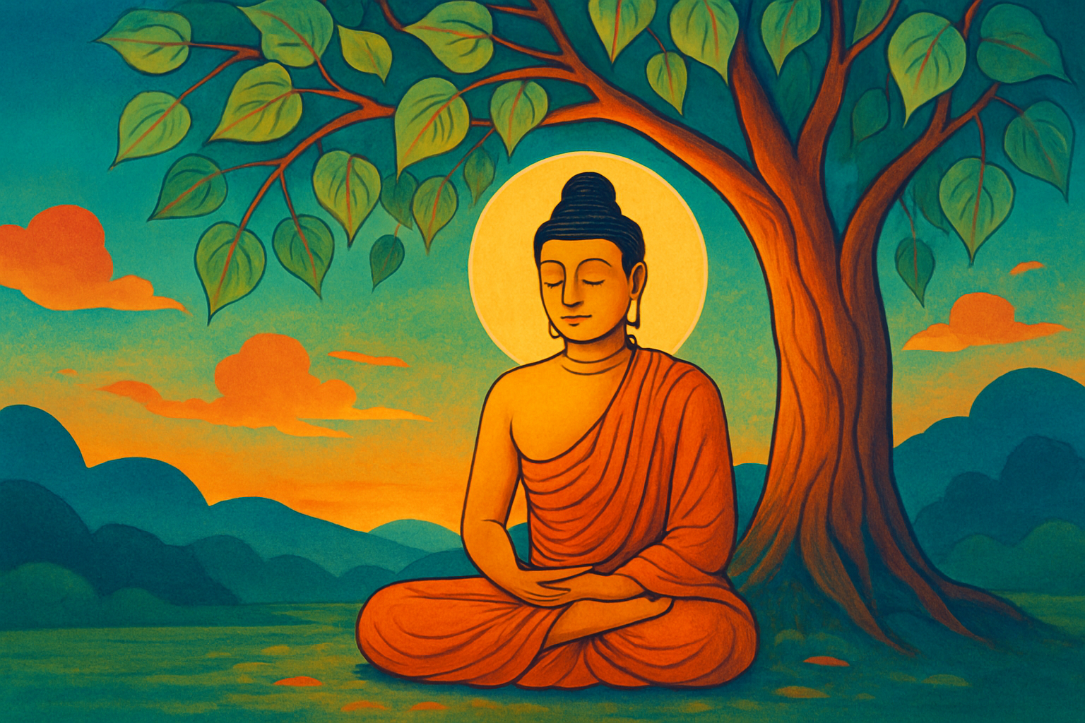 Œuvre d'art représentant le Bouddha méditant sous l'arbre de Bouddha, mélangeant styles traditionnels et contemporains.