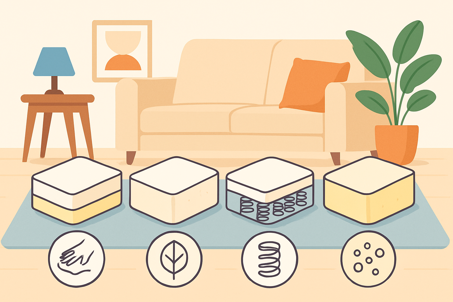 Illustration comparative des matériaux couramment utilisés pour les matelas d'assise de canapé.