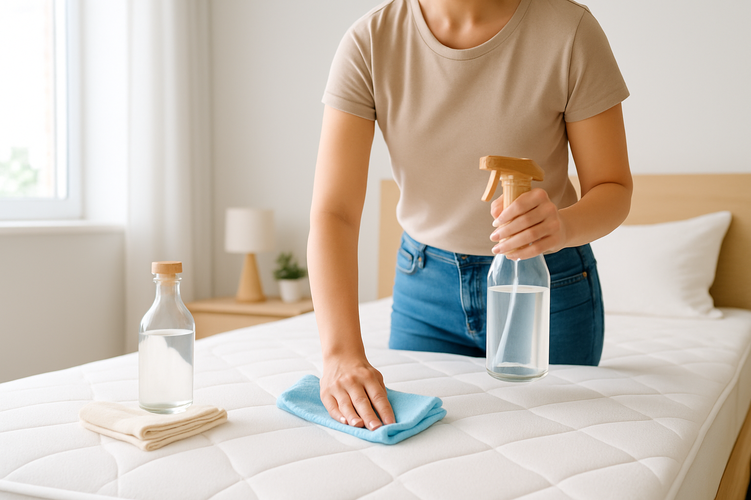 Illustration d'une personne nettoyant délicatement un matelas avec des produits naturels et des chiffons doux